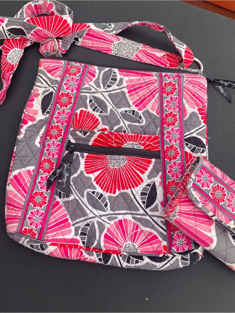Vera Bradley Pink and Gray Floral Quilted Crossbody with Wristlet